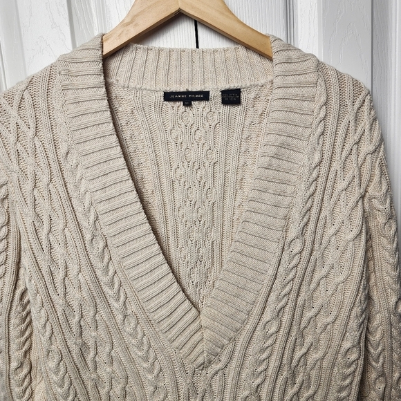 Jeanne Pierre Cream Knit Heavy Thick Cotton V-Neck Sweater Size Medium - Picture 6 of 10